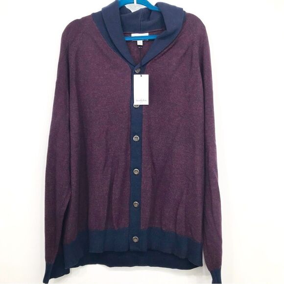 Goodfellow Burgundy Navy Blue Button Front Collared Cozy Knit Cardigan Sweater - Picture 1 of 16